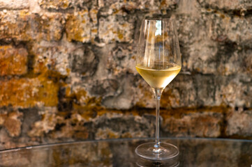 Tasting of brut champagne sparkling wine produced by traditional method in underground caves