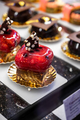 Austrian desserts, different types of chocolate and fruit cakes in cafe in Vienna.