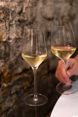 Tasting of brut champagne sparkling wine produced by traditional method in underground caves
