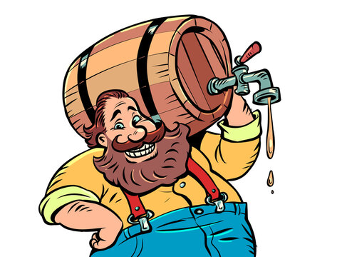 A man with a wooden barrel of beer. Alcoholic drink. Bavarian German tradition