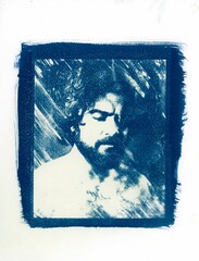 portrait of a person with beard cyanotype print