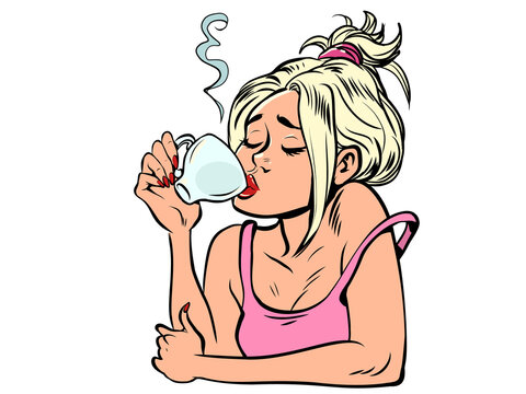 A woman drinks a cup of coffee in the morning. Cafeteria, restaurant hot drink