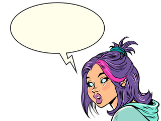 Young woman talking, communication dialogue comic bubble. Pop art style