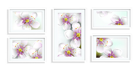 Sakura flowers close-up. Set of art backgrounds with floral watercolor  organic shapes hand paint design for wall decor, poster and wallpaper in frames. Vector illustrations.
