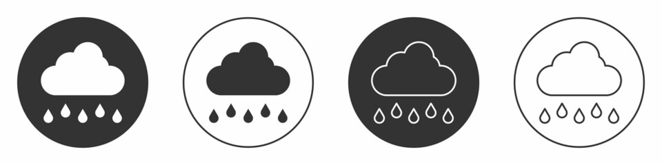 Black Cloud with rain icon isolated on white background. Rain cloud precipitation with rain drops. Circle button. Vector