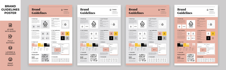 DIN A3 Brand Guidelines Poster Layout Set, Brand Manual Templates, Simple style and modern layout Brand Style, Brand Identity, Brand Guidelines - obrazy, fototapety, plakaty
