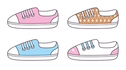 Pink, blue, white and brown luxury pattern fashionable sport shoe sneakers isolated vector set.