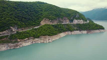 Fototapeta na wymiar birds-eye view of famous Zhinvali dam and a road near it, Georgia, Caucasus. High quality photo