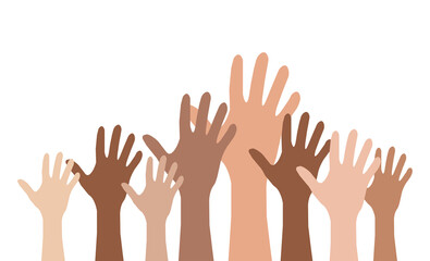 Fototapeta premium hands of different nationalities reach up on a white background