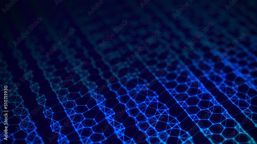 Poster Dotted waves connected by lines. Molecular background with DNA. Network concept with connecting dots and lines. A modern technological element. 3d rendering.