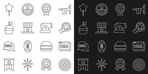Set line American star shield, USA on browser, Independence day, Medal with, Patriotic top hat, Cake, Balloon and Cannon icon. Vector