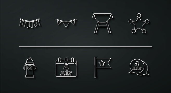 Set line Carnival garland with flags, Fire hydrant, Hexagram sheriff, American, Calendar date July 4, USA Independence day and Barbecue grill icon. Vector