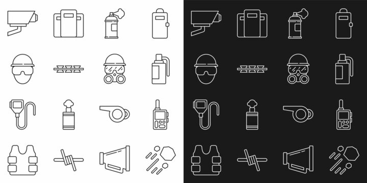 Set line Flying stone, Walkie talkie, Hand grenade, Paint spray can, Barbed wire, Special forces soldier, Security camera and Gas mask icon. Vector