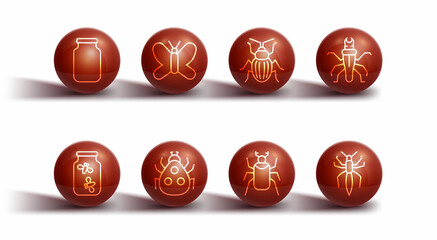 Set line Glass jar, Fireflies bugs in, Termite, Beetle, Ladybug, Butterfly, Spider and Chafer beetle icon. Vector