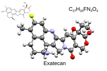 Chemical formula, skeletal formula, and 3D ball-and-stick model of chemotherapeutic drug exatecan, white background