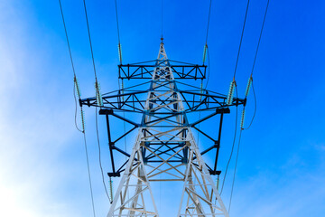 High voltage power lines. Transmission and supply of electricity concept. Vertical