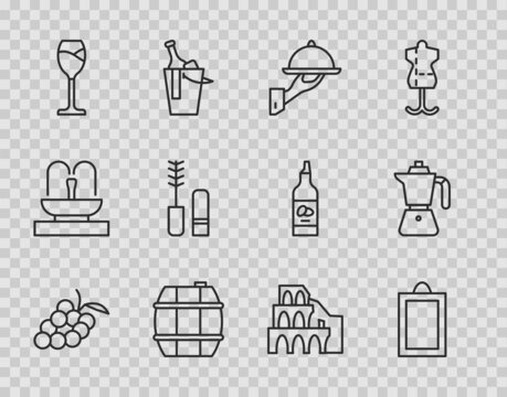 Set line Grape fruit, Picture, Covered with tray of food, Barrel for wine, Wine glass, Mascara brush, Coliseum Rome and Coffee moca pot icon. Vector