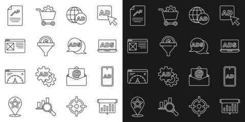 Set line Board with graph chart, Advertising, Lead management, Browser window, Document and icon. Vector