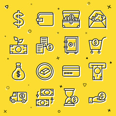Set line Hand giving money, ATM, Shopping cart dollar, Treasure chest, Paper or financial check, Money plant the pot, Dollar symbol and Safe icon. Vector