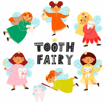 Set with tooth fairies and lettering TOOTH FAIRY. Vector illustration