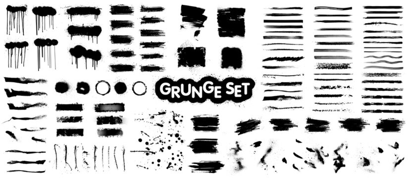 Set textures elements of ink paints. Grunge set with dirty artistic box for text. Creative collection - paintbrush, graffiti spray, splashes,  paint drops, ink stroke, isolated set. Texture stencil