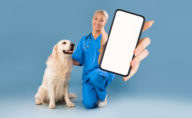 Veterinary Services Advertisement. Happy Female Nurse With Dog Showing Blank Smartphone