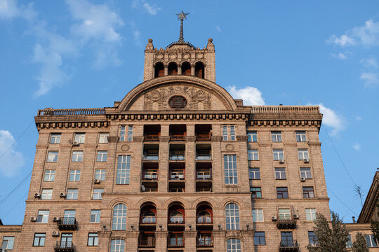 Typical soviet classicism architecture on khreshchatyk street in Kyiv, Ukraine. These apartment buildings of downtown kiev are a symbol of stalinist architecture