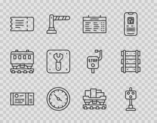 Set line Train ticket, traffic light, station board, clock, Repair of railway, Cargo train wagon and Railway, railroad track icon. Vector