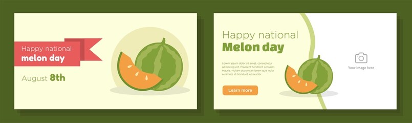 World melon day 2022 online banner template set, national muskmelon celebration advertisement, horizontal ad, delicious fruit webpage, August 9th creative brochure, isolated on background - obrazy, fototapety, plakaty