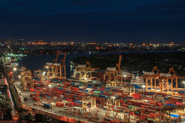 Naklejka premium Container cargo ship logistics and transportation including import, export and transit.