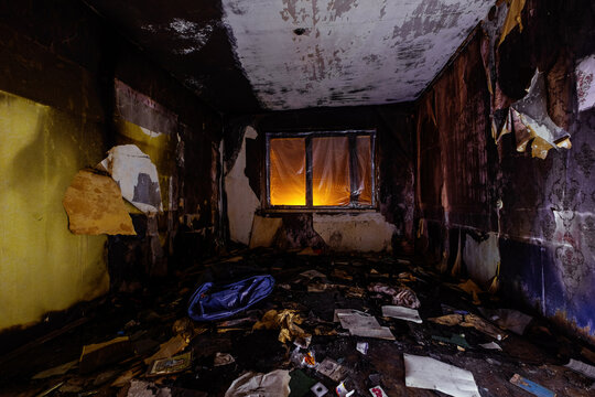 Burnt apartment house interior. Consequences of fire