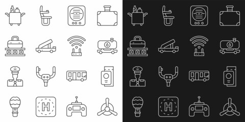 Set line Plane propeller, Passport with ticket, Fuel tanker truck, Attitude indicator, Passenger ladder, Conveyor belt suitcase, Trolley for food and Router and wi-fi signal icon. Vector