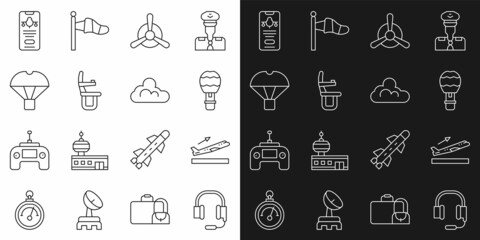 Set line Headphones with microphone, Plane takeoff, Hot air balloon, propeller, Airplane seat, Box flying parachute, Mobile ticket and Cloud weather icon. Vector