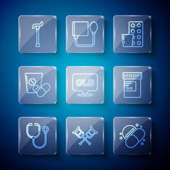 Set line Stethoscope, Crutch or crutches, Medicine pill tablet, Pills blister pack, Nursing home, Walking stick cane and bottle and pills icon. Vector