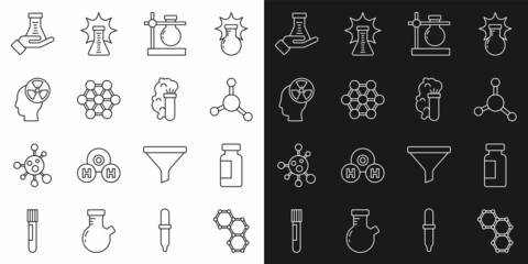 Set line Chemical formula, Test tube and flask, Molecule, on stand, Head radiation symbol, and explosion icon. Vector