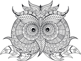 Fototapeta premium Mandala Coloring Owl Bird, Black and white hand drawn illustration for coloring book, Vector coloring cute own with floral pattern, owl black contour isolated on white background.
