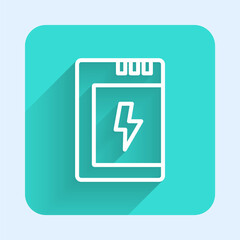 White line Battery for camera icon isolated with long shadow. Lightning bolt symbol. Green square button. Vector