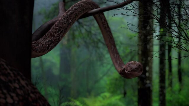 Cobra snake wiggle and attack on the tree in the jungle with 3d rendering include alpha path.