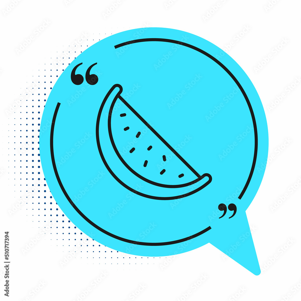 Poster black line watermelon icon isolated on white background. blue speech bubble symbol. vector