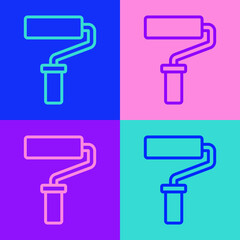Pop art line Paint roller brush icon isolated on color background. Vector