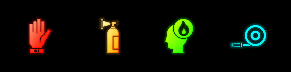 Set Firefighter gloves, extinguisher, and hose reel icon. Vector