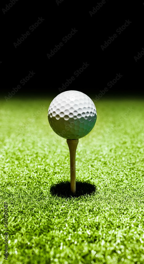 Wall mural White golf ball placing on tee on lush green grasswoth back background, selective focus. Ready to start a game at golf course. Achievement concept. Outdoor sport and leisure lifestyle. Vertical.