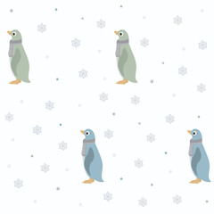 Funny penguins wearing a scarf, colorful snowflakes.