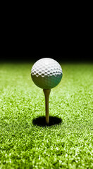 White golf ball placing on tee on lush green grasswoth back background, selective focus. Ready to start a game at golf course. Achievement concept. Outdoor sport and leisure lifestyle. Vertical.