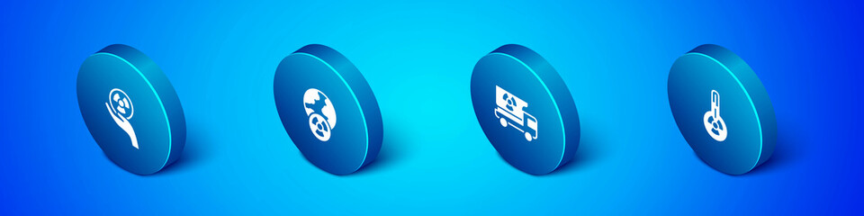 Set Isometric Radioactive, Truck with radiation materials, Meteorology thermometer and Planet earth and icon. Vector