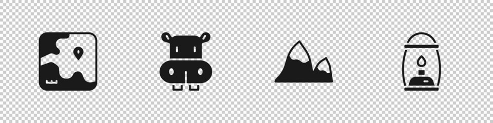 Set Africa safari map, Hippo or Hippopotamus, Mountains and Camping lantern icon. Vector