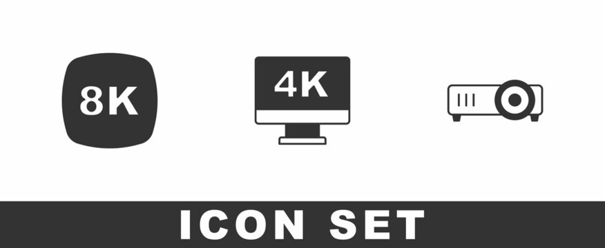 Set 8k Ultra HD, Screen tv with 4k and Movie, film, media projector icon. Vector