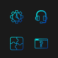 Set line Browser with question mark, Piece of puzzle, Time Management and Headphones. Gradient color icons. Vector