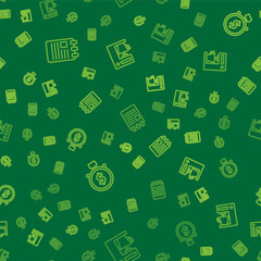 Set line Spiral notebook, Time is money and Coffee machine on seamless pattern. Vector