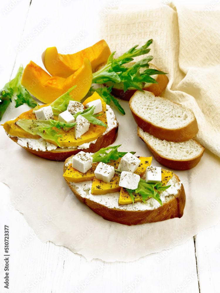 Poster bruschetta with pumpkin and ricotta on board